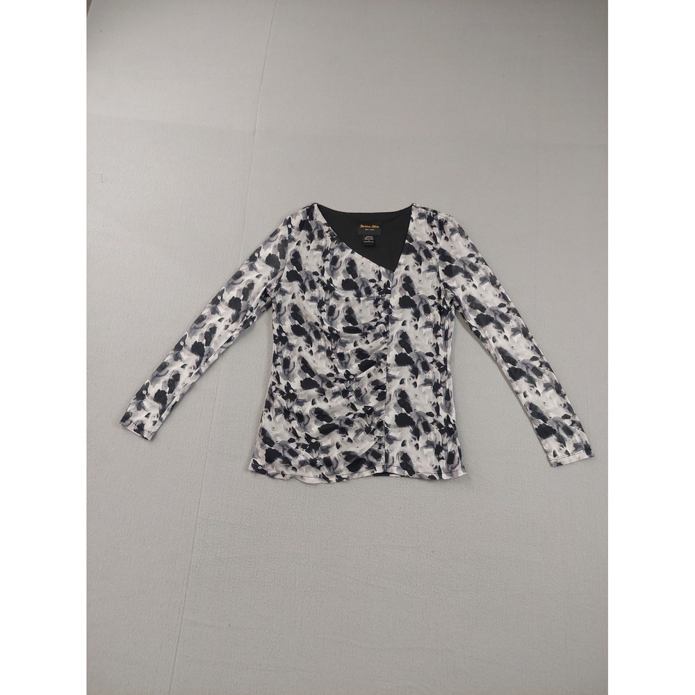 Marissa Olivia Women Top M Black White Abstract Print V Neck Long Sleeve Outdoor